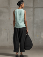 Black Cotton Linen Carrot Wide-Leg Trousers