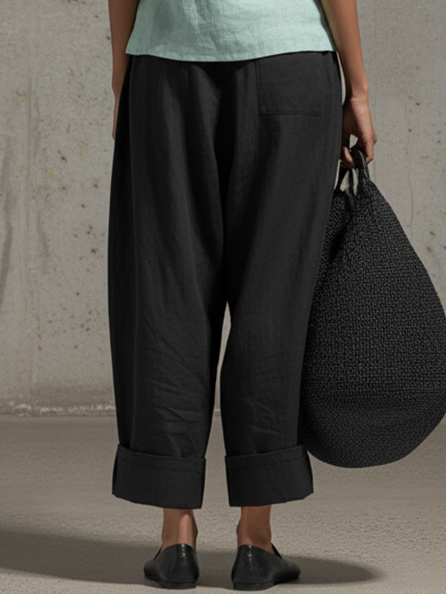 Black Cotton Linen Carrot Wide-Leg Trousers