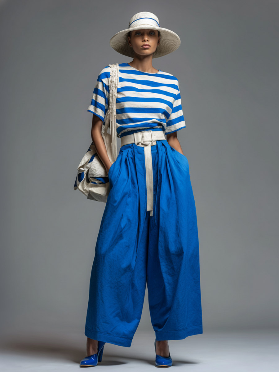 Blue & White Striped Crew Neck Short-Sleeve Tee