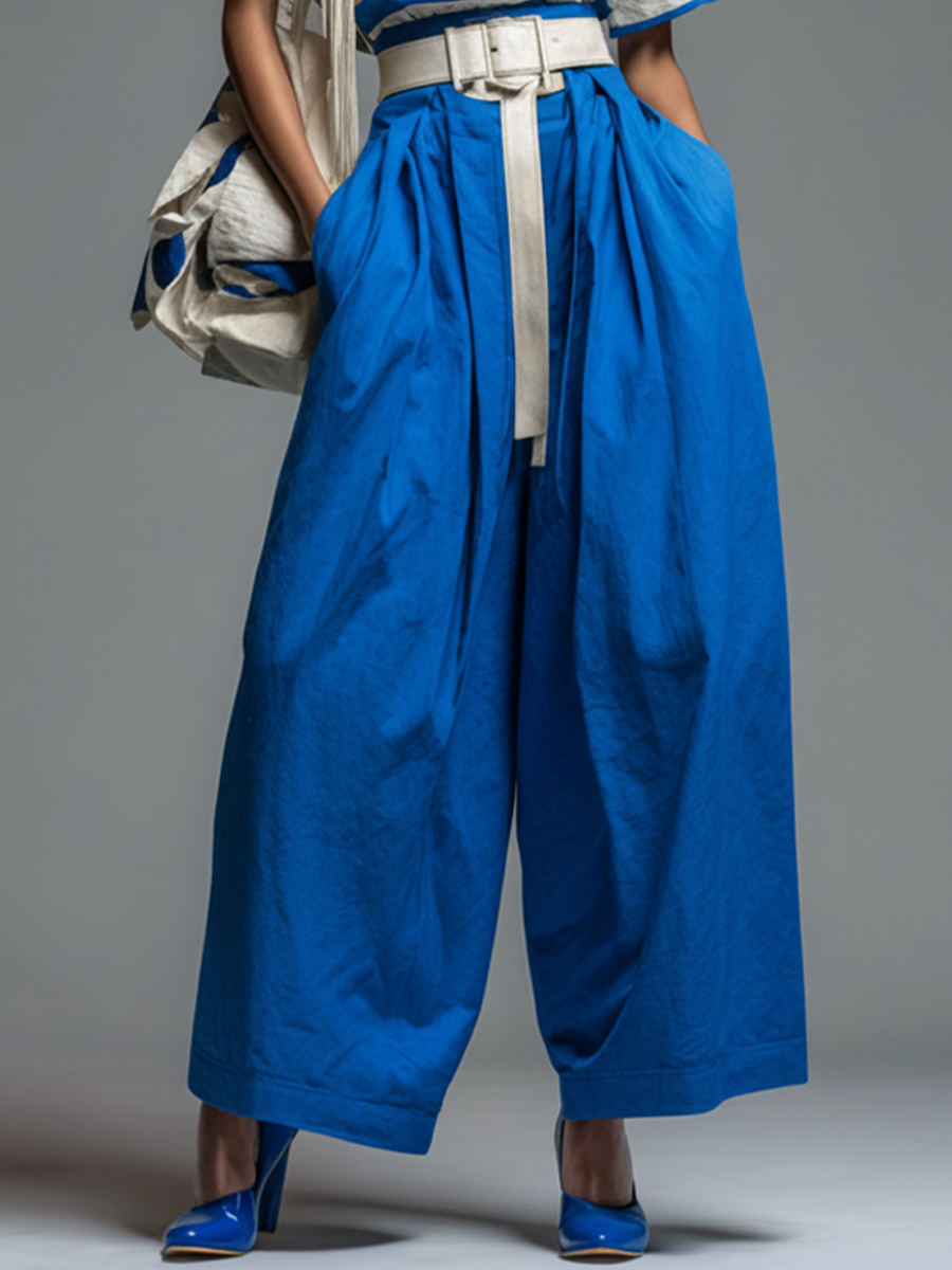 Blue Cotton Wide-Leg Pants