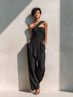 Women’s Black Linen-Blend One Shoulder Striped Trim Tie-Waist Wide-Leg Jumpsuit MDZ1471D9T