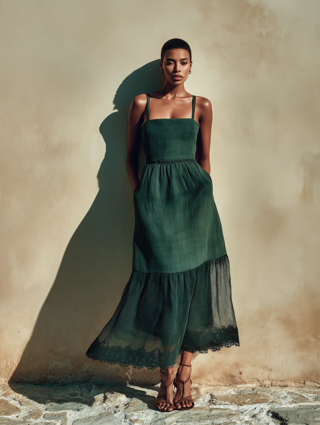 Women’s Dark Green Linen-Blend Spaghetti Strap Square Neck Elastic Waist Lace Hem Maxi Dress MDZ1443D2T