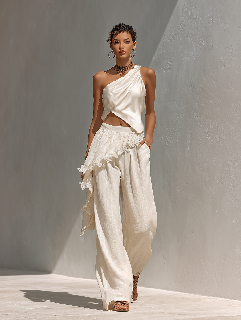 Ivory Satin One-Shoulder Crop Top & Lace Trim Wide-Leg Set