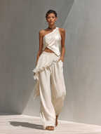 Ivory Satin One-Shoulder Crop Top & Lace Trim Wide-Leg Set