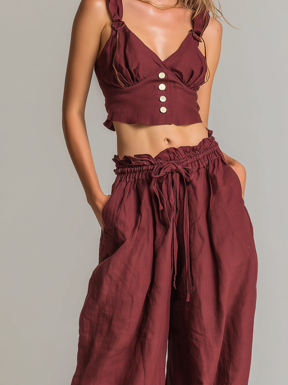 Women's Casual Brick-Red Cotton-Linen Sleeveless Cropped Top And Trousers Set MDZ1416D0LXY