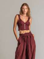 Women's Casual Brick-Red Cotton-Linen Sleeveless Cropped Top And Trousers Set MDZ1416D0LXY
