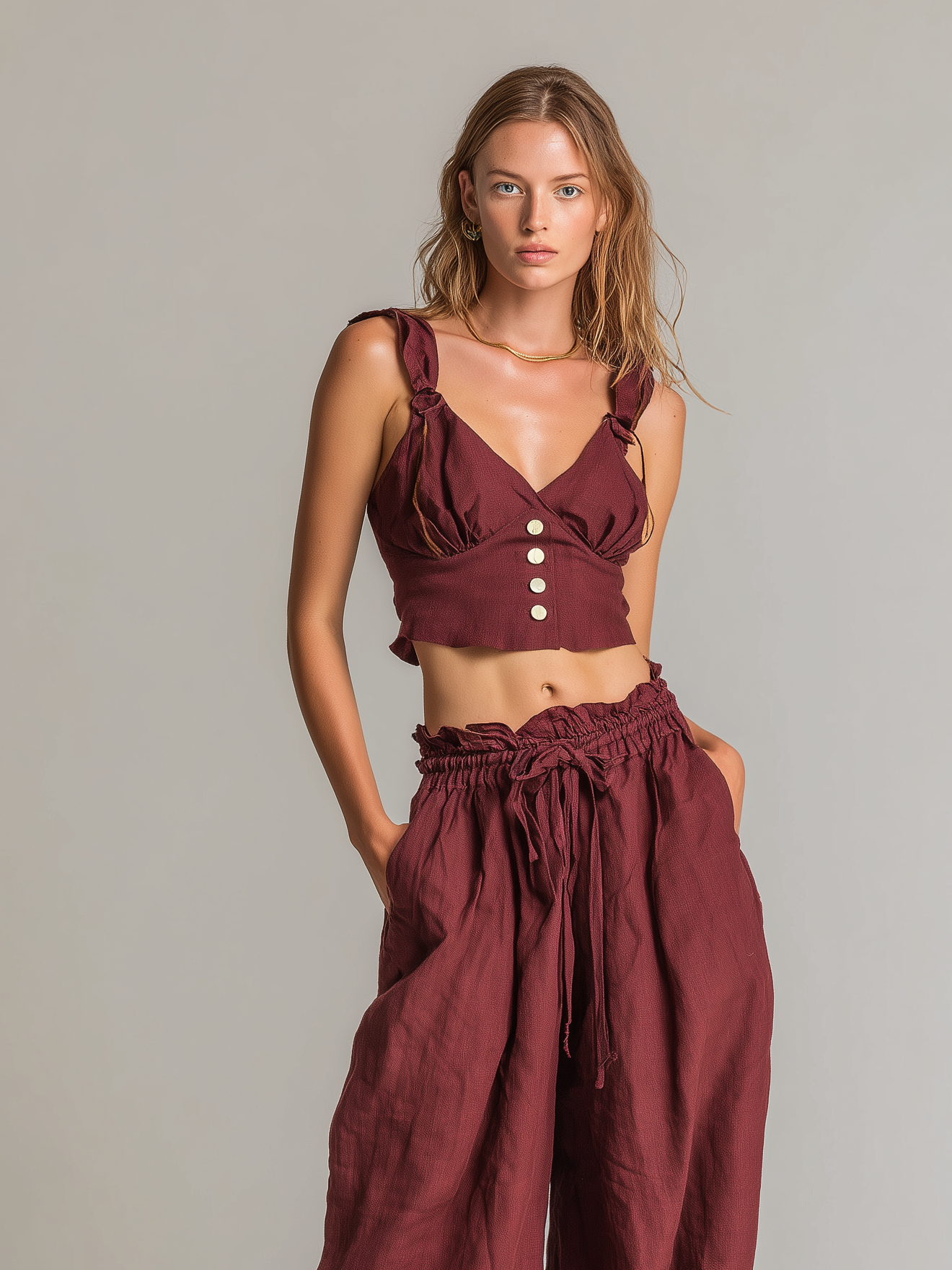 Women's Casual Brick-Red Cotton-Linen Sleeveless Cropped Top And Trousers Set MDZ1416D0LXY