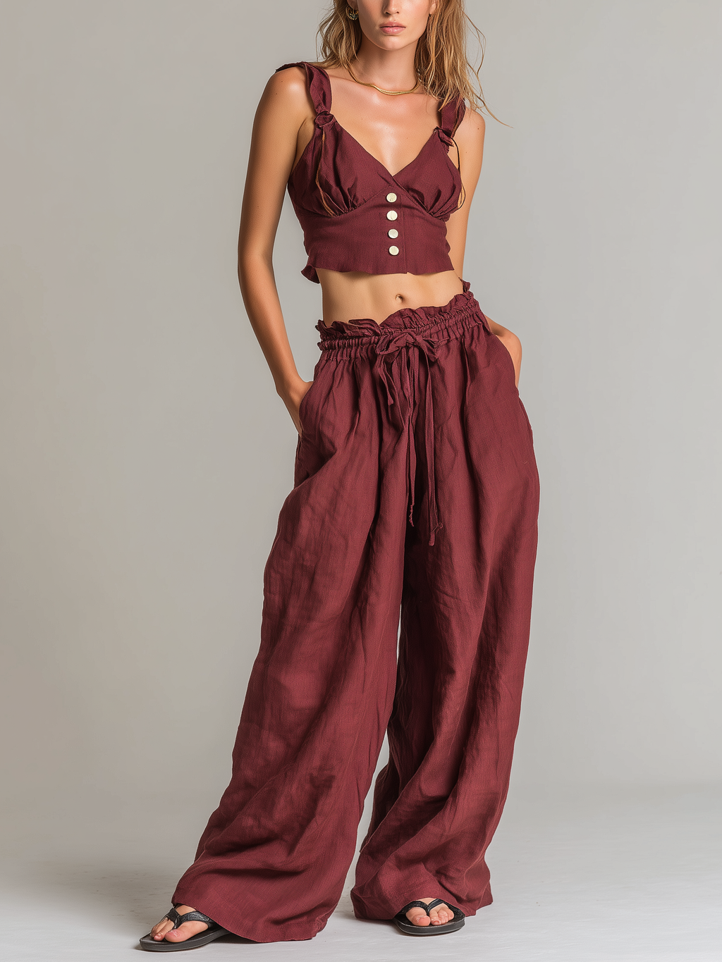 Women's Casual Brick-Red Cotton-Linen Sleeveless Cropped Top And Trousers Set MDZ1416D0LXY