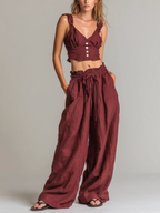 Women's Casual Brick-Red Cotton-Linen Sleeveless Cropped Top And Trousers Set MDZ1416D0LXY