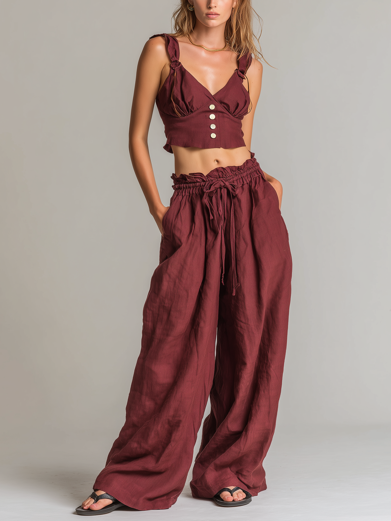 Women's Casual Brick-Red Cotton-Linen Sleeveless Cropped Top And Trousers Set MDZ1416D0LXY