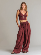 Women's Casual Brick-Red Cotton-Linen Sleeveless Cropped Top And Trousers Set MDZ1416D0LXY