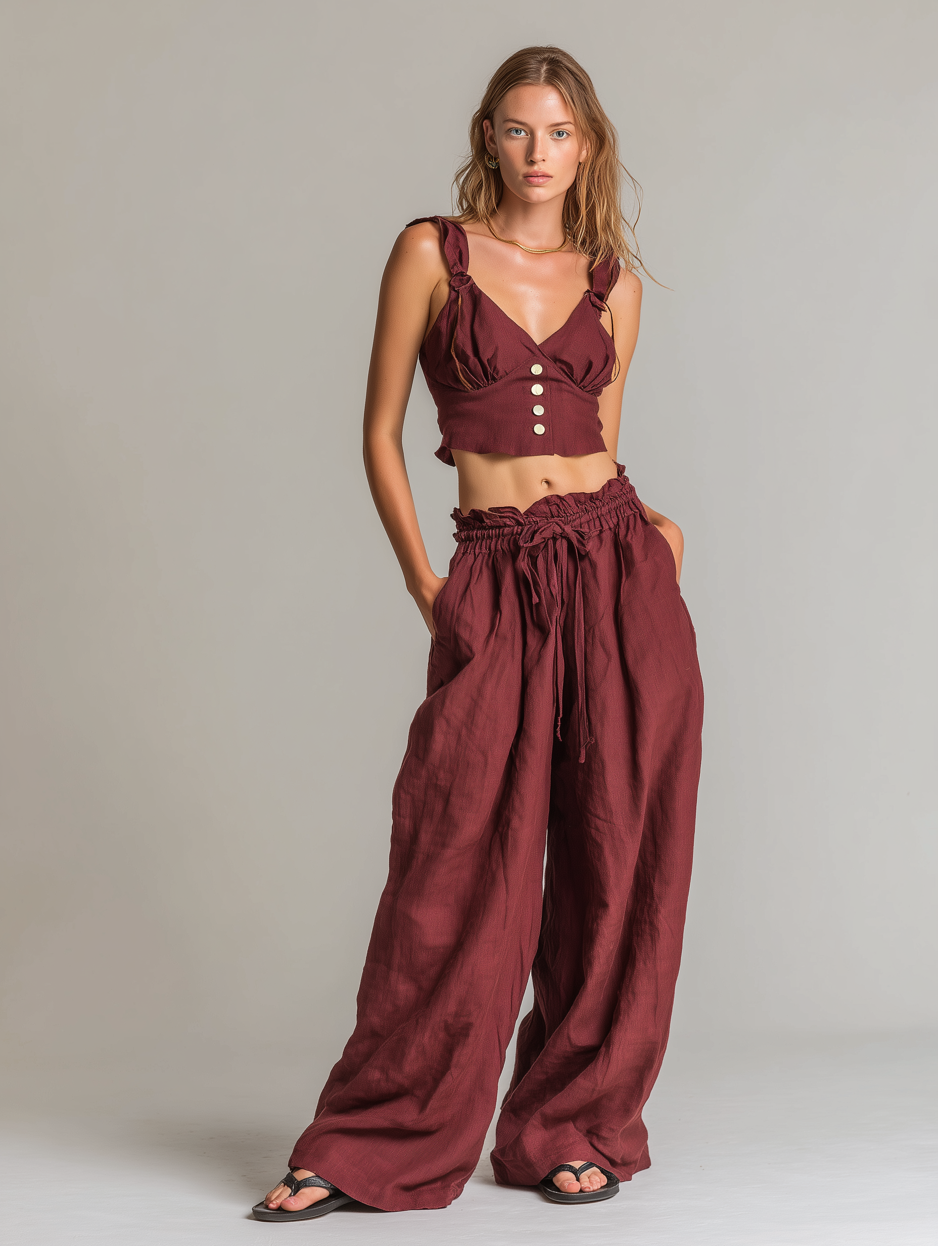Women's Casual Brick-Red Cotton-Linen Sleeveless Cropped Top And Trousers Set MDZ1416D0LXY