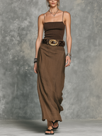 Brown Knit Camisole & Cotton Linen Skirt Set