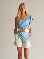 Light Blue One-Shoulder Top & Beige Shorts Set