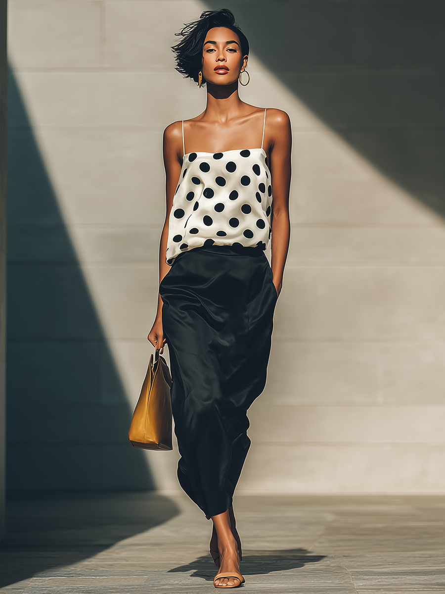 Women’s White & Black Polka Dot Satin Cami Top & High-Waisted Satin Midi Skirt Two-Piece Set MDZ1409D1T