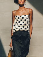 Women’s White & Black Polka Dot Satin Cami Top & High-Waisted Satin Midi Skirt Two-Piece Set MDZ1409D1T