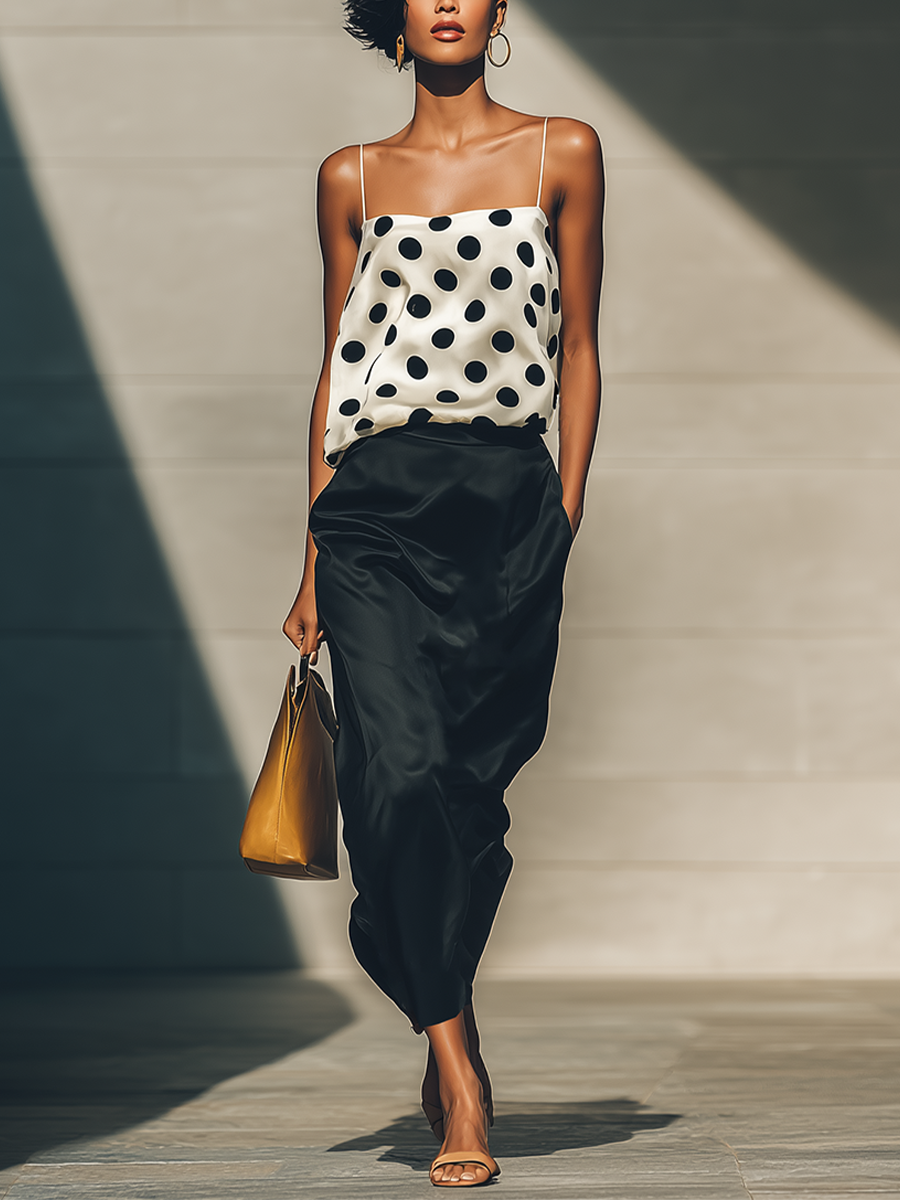 Women’s White & Black Polka Dot Satin Cami Top & High-Waisted Satin Midi Skirt Two-Piece Set MDZ1409D1T