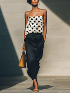 Women’s White & Black Polka Dot Satin Cami Top & High-Waisted Satin Midi Skirt Two-Piece Set MDZ1409D1T
