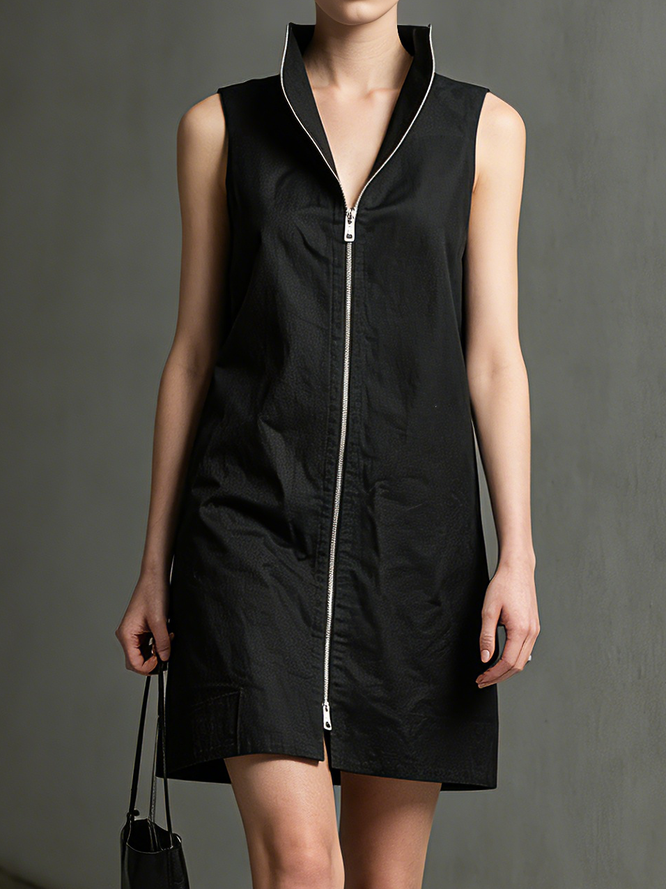 Black Woven Zip-Front Collared Mini Dress