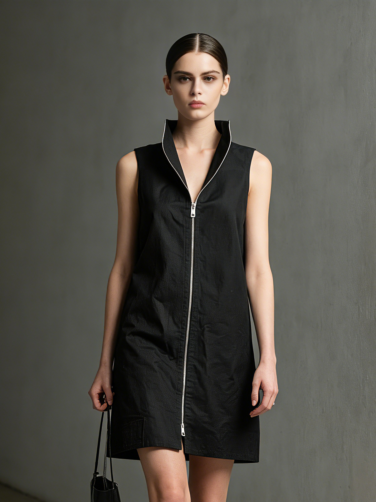 Black Woven Zip-Front Collared Mini Dress