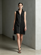 Black Woven Zip-Front Collared Mini Dress