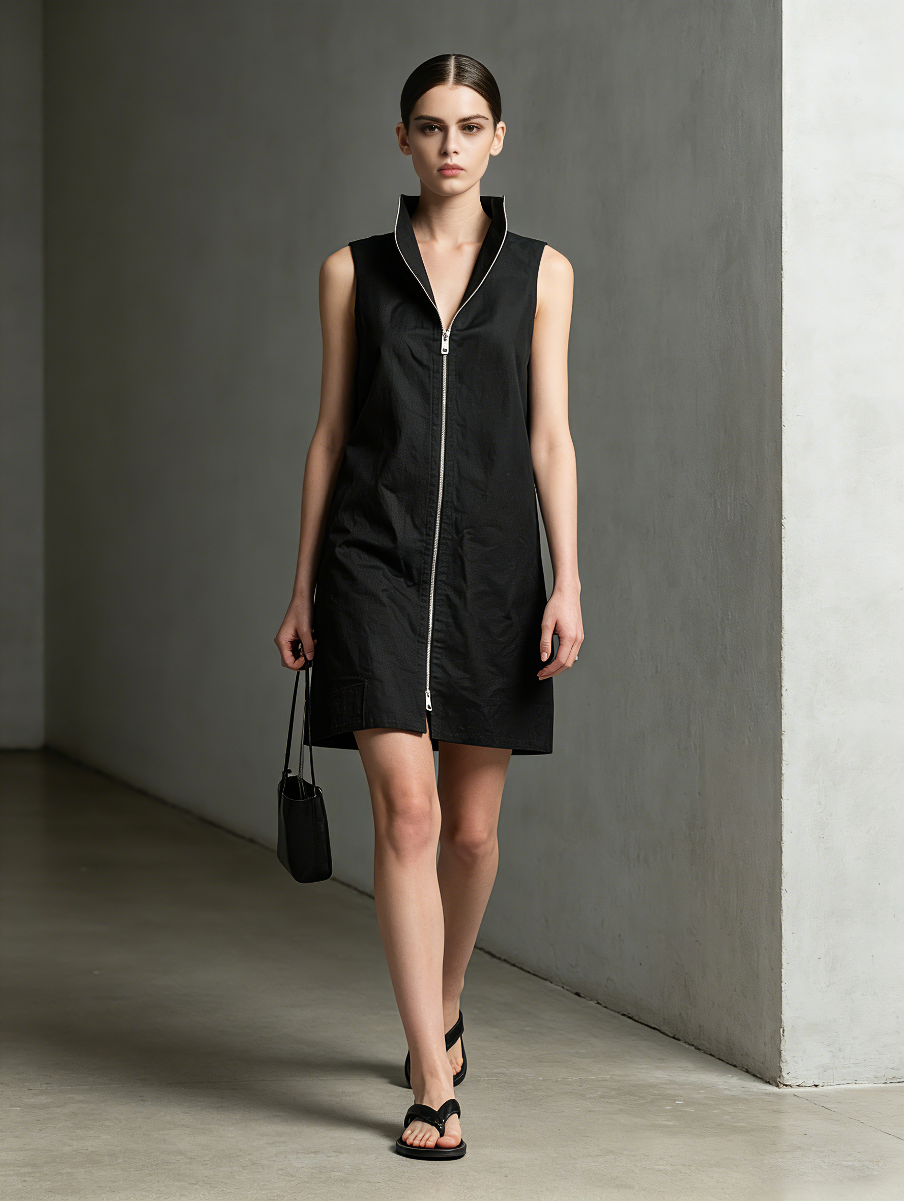 Black Woven Zip-Front Collared Mini Dress