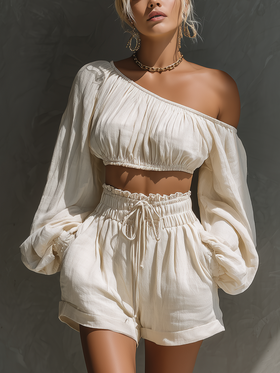 Women’s Off-White Linen-Blend One Shoulder Long Sleeve Crop Top & High-Waisted Drawstring Shorts Two-Piece Set MDZ1427D5T