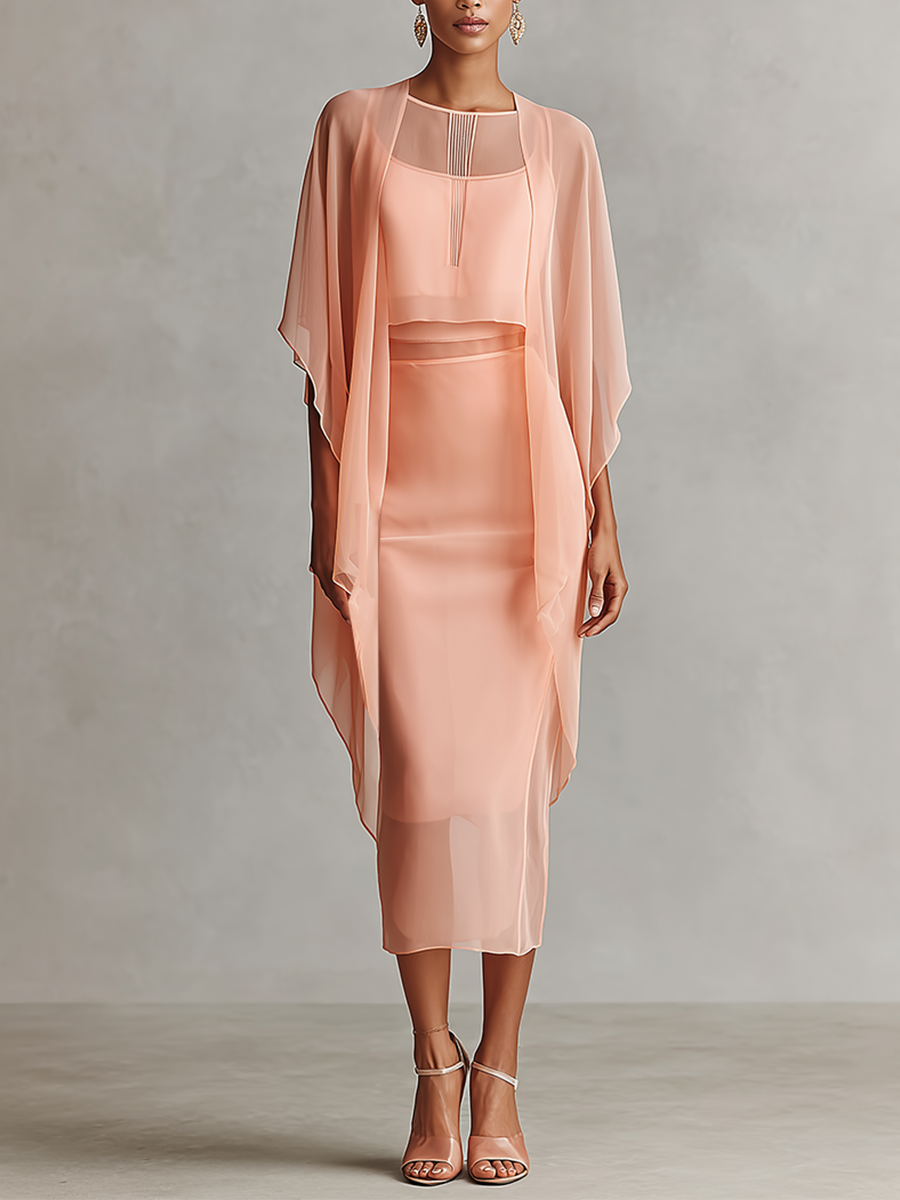 Peach Chiffon Sheer Cape & Midi Dress Set