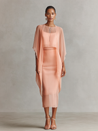 Peach Chiffon Sheer Cape & Midi Dress Set