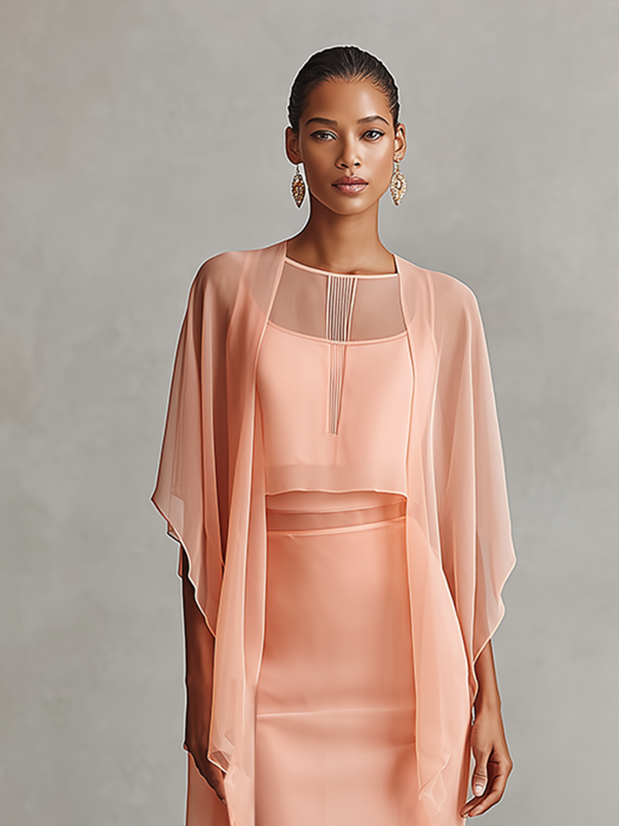 Peach Chiffon Sheer Cape & Midi Dress Set