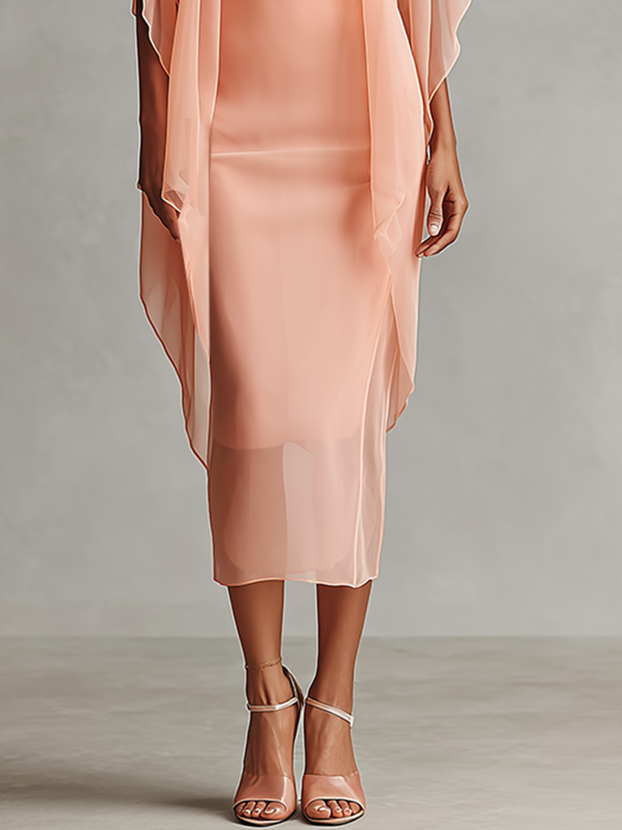 Peach Chiffon Sheer Cape & Midi Dress Set