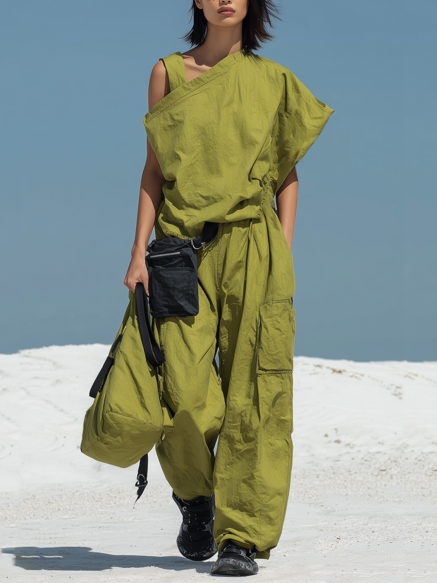 Women's Olive Green Parachute Nylon Two-Piece Set With Asymmetric Top & Cargo Wide-Leg Pants, Modern Streetwear-Edgy Style Set MDZ1429D0LYL