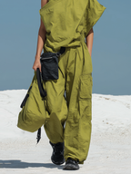 Women's Olive Green Parachute Nylon Two-Piece Set With Asymmetric Top & Cargo Wide-Leg Pants, Modern Streetwear-Edgy Style Set MDZ1429D0LYL