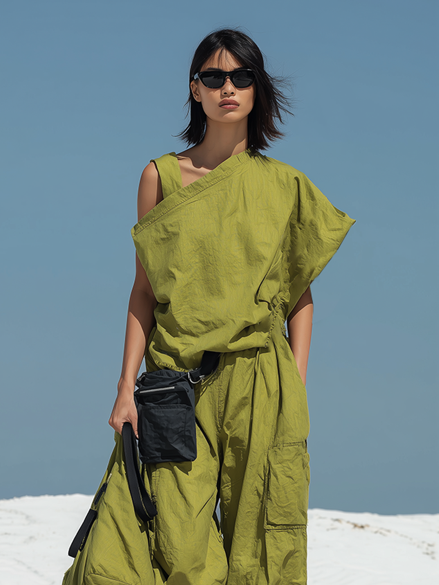 Women's Olive Green Parachute Nylon Two-Piece Set With Asymmetric Top & Cargo Wide-Leg Pants, Modern Streetwear-Edgy Style Set MDZ1429D0LYL