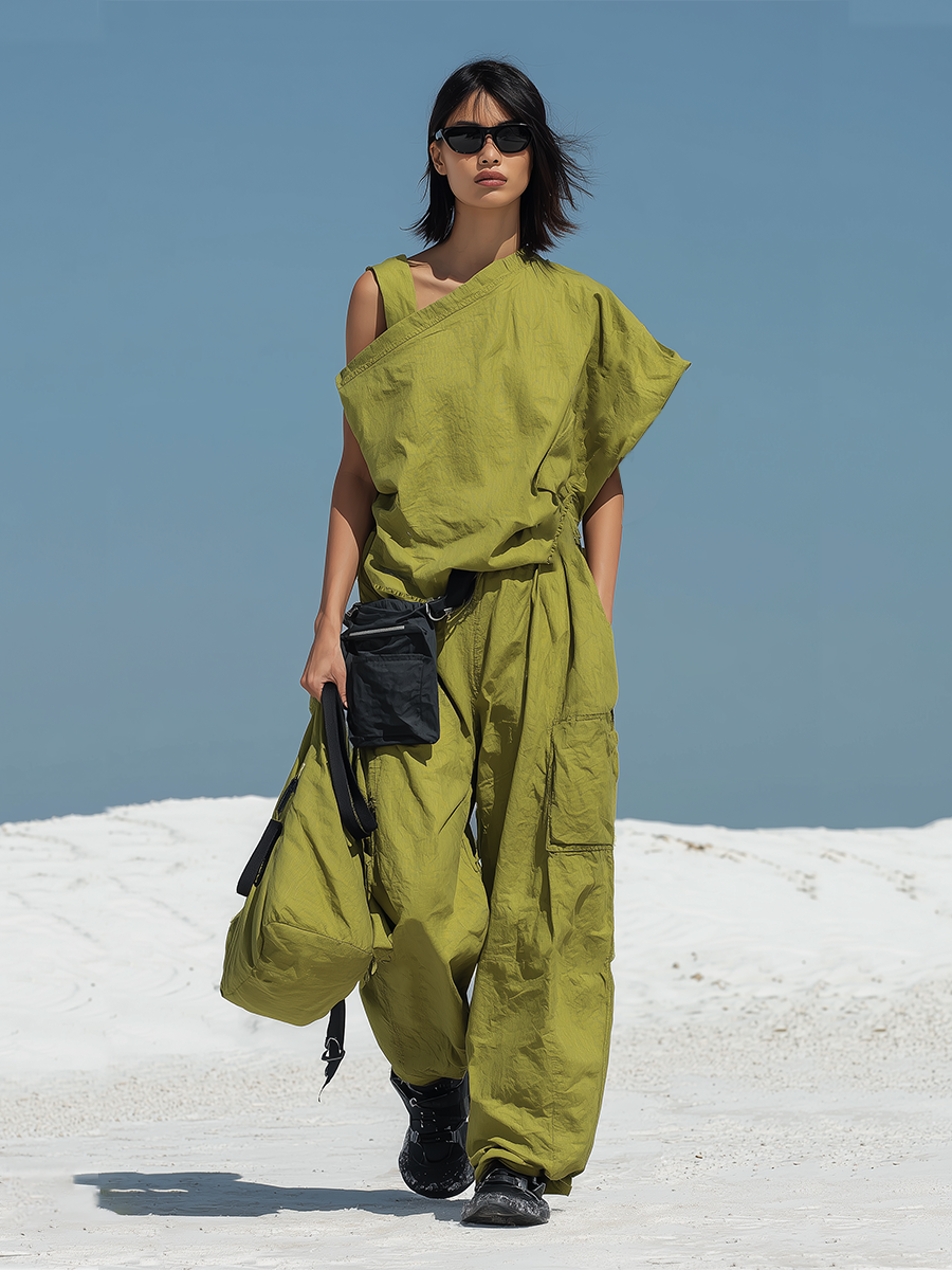 Women's Olive Green Parachute Nylon Two-Piece Set With Asymmetric Top & Cargo Wide-Leg Pants, Modern Streetwear-Edgy Style Set MDZ1429D0LYL