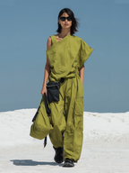Women's Olive Green Parachute Nylon Two-Piece Set With Asymmetric Top & Cargo Wide-Leg Pants, Modern Streetwear-Edgy Style Set MDZ1429D0LYL