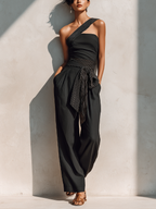 Women’s Black Linen-Blend One Shoulder Striped Trim Tie-Waist Wide-Leg Jumpsuit MDZ1471D9T