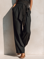 Women’s Black Linen-Blend One Shoulder Striped Trim Tie-Waist Wide-Leg Jumpsuit MDZ1471D9T