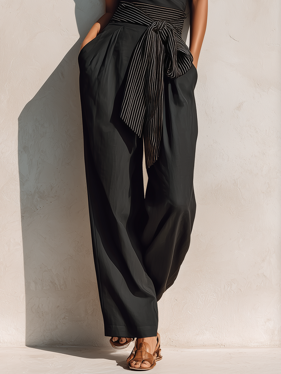 Women’s Black Linen-Blend One Shoulder Striped Trim Tie-Waist Wide-Leg Jumpsuit MDZ1471D9T