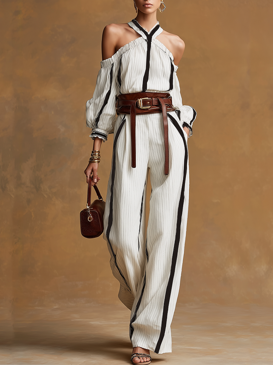 Striped Halter Off-Shoulder Wide-Leg Jumpsuit