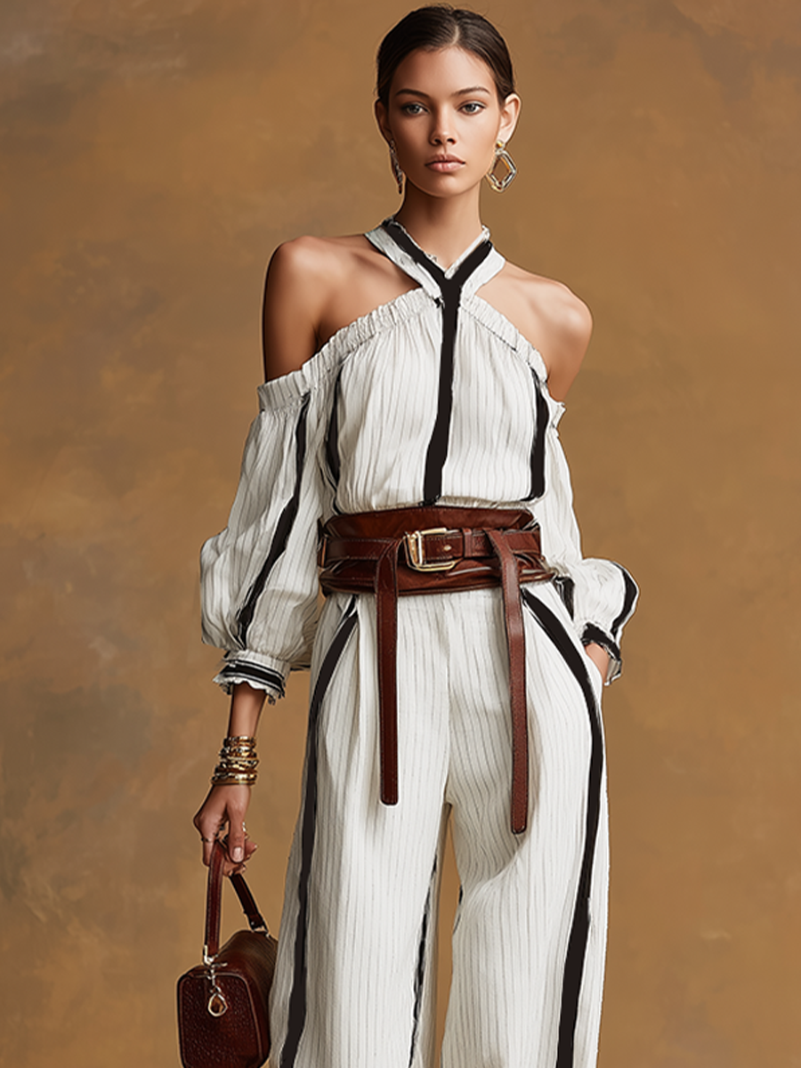Striped Halter Off-Shoulder Wide-Leg Jumpsuit