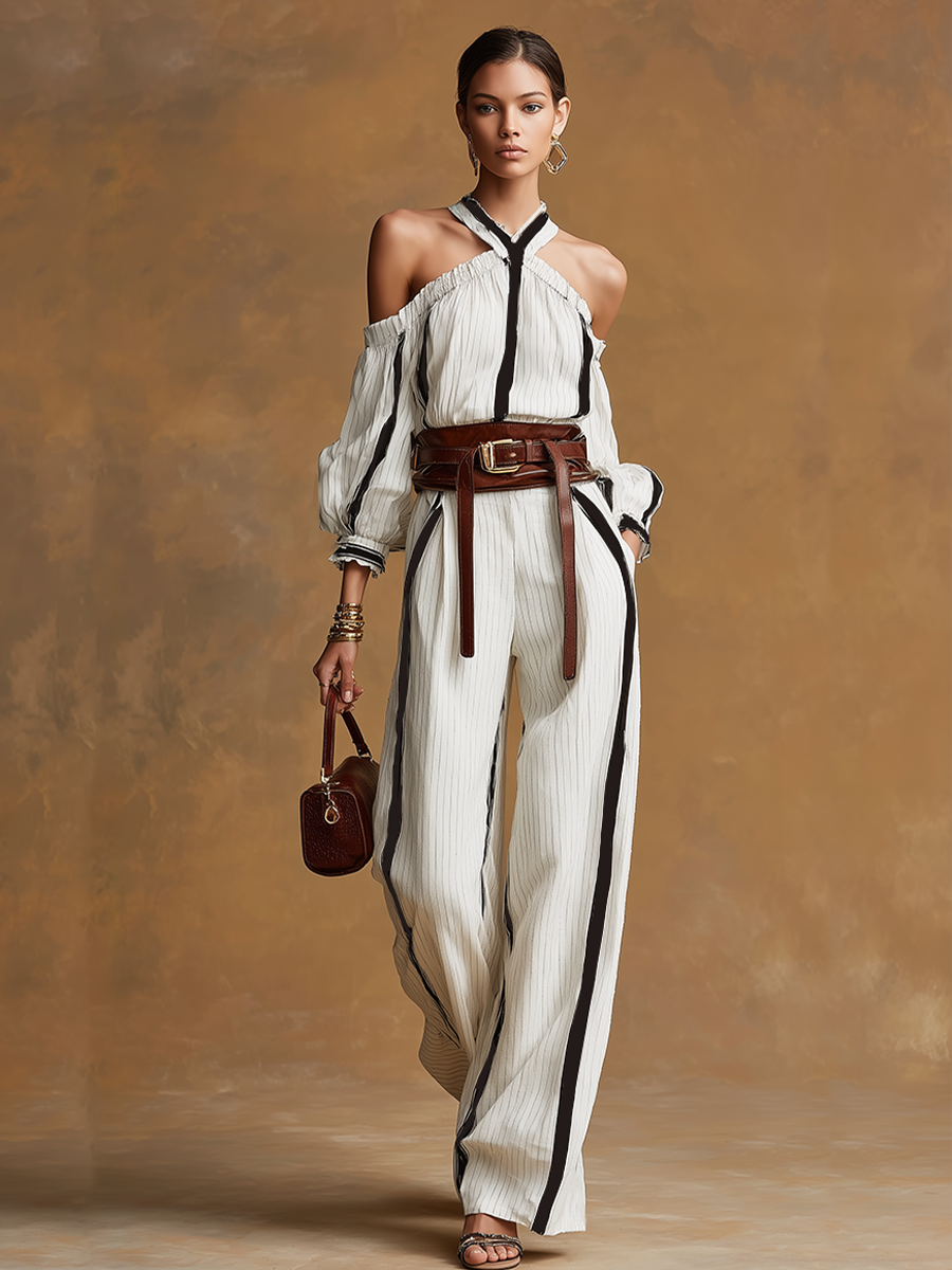 Striped Halter Off-Shoulder Wide-Leg Jumpsuit