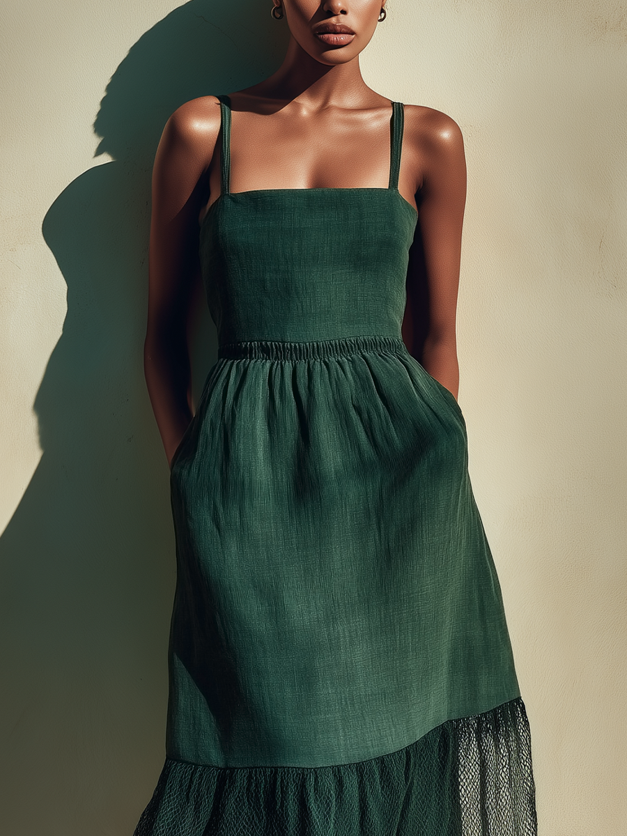 Women’s Dark Green Linen-Blend Spaghetti Strap Square Neck Elastic Waist Lace Hem Maxi Dress MDZ1443D2T
