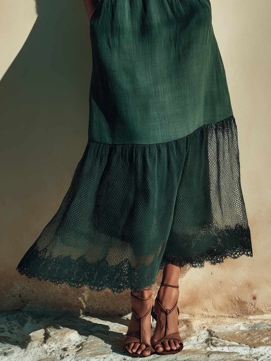 Women’s Dark Green Linen-Blend Spaghetti Strap Square Neck Elastic Waist Lace Hem Maxi Dress MDZ1443D2T