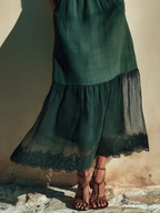 Women’s Dark Green Linen-Blend Spaghetti Strap Square Neck Elastic Waist Lace Hem Maxi Dress MDZ1443D2T