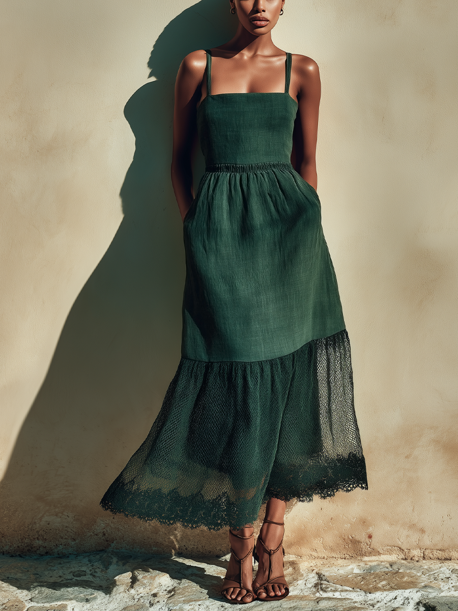 Women’s Dark Green Linen-Blend Spaghetti Strap Square Neck Elastic Waist Lace Hem Maxi Dress MDZ1443D2T