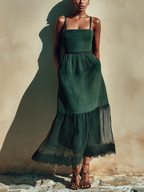 Women’s Dark Green Linen-Blend Spaghetti Strap Square Neck Elastic Waist Lace Hem Maxi Dress MDZ1443D2T