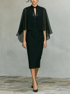 Black Crepe Cape Overlay & Midi Dress Set