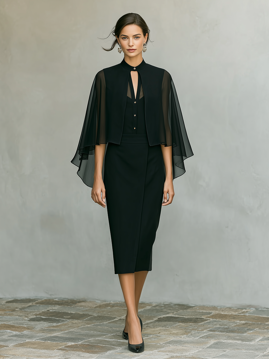Black Crepe Cape Overlay & Midi Dress Set