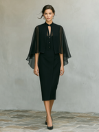 Black Crepe Cape Overlay & Midi Dress Set